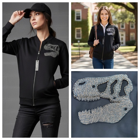 Arieta Jackets & Blazers - New Arieta Bomber Women Black Beaded Dinosaur Skull Athleisure Sz M Grunge NWT